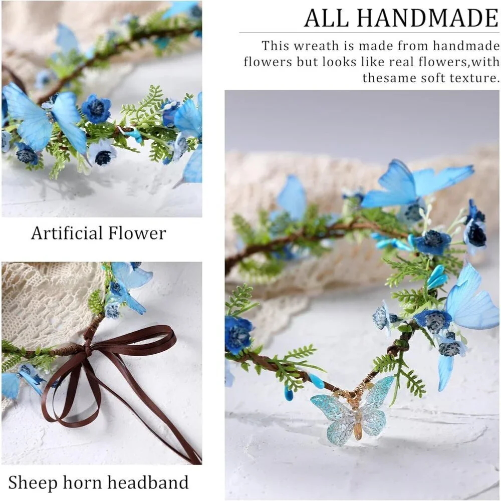 Handmade Fairy Butterfly Crown Flower Headband for Women Girls Spring Wedding